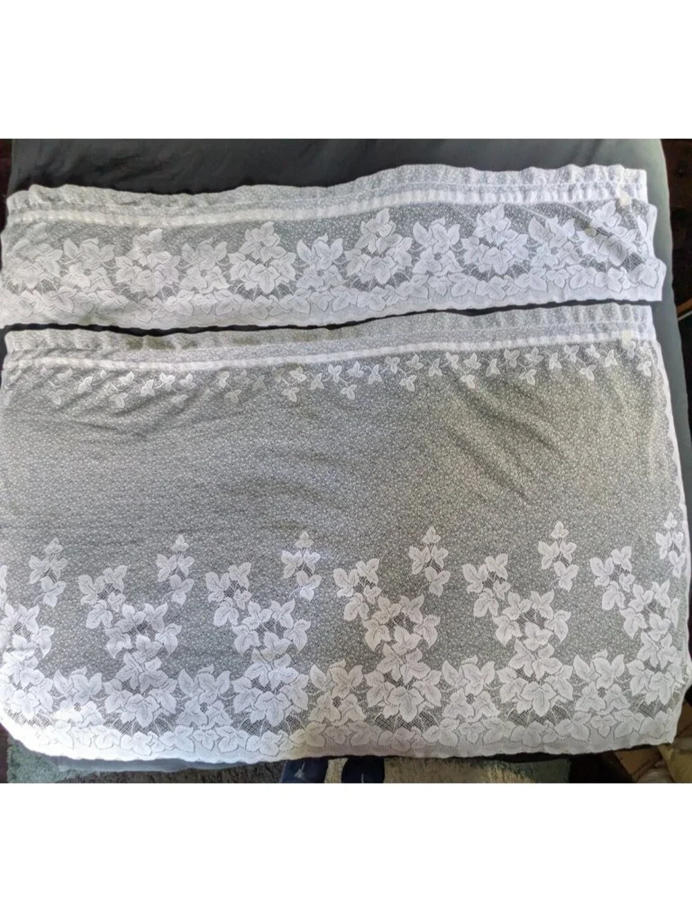 Vintage Sheer Lace Valance and Cafe Curtain Set White Ivy Print 1 Window